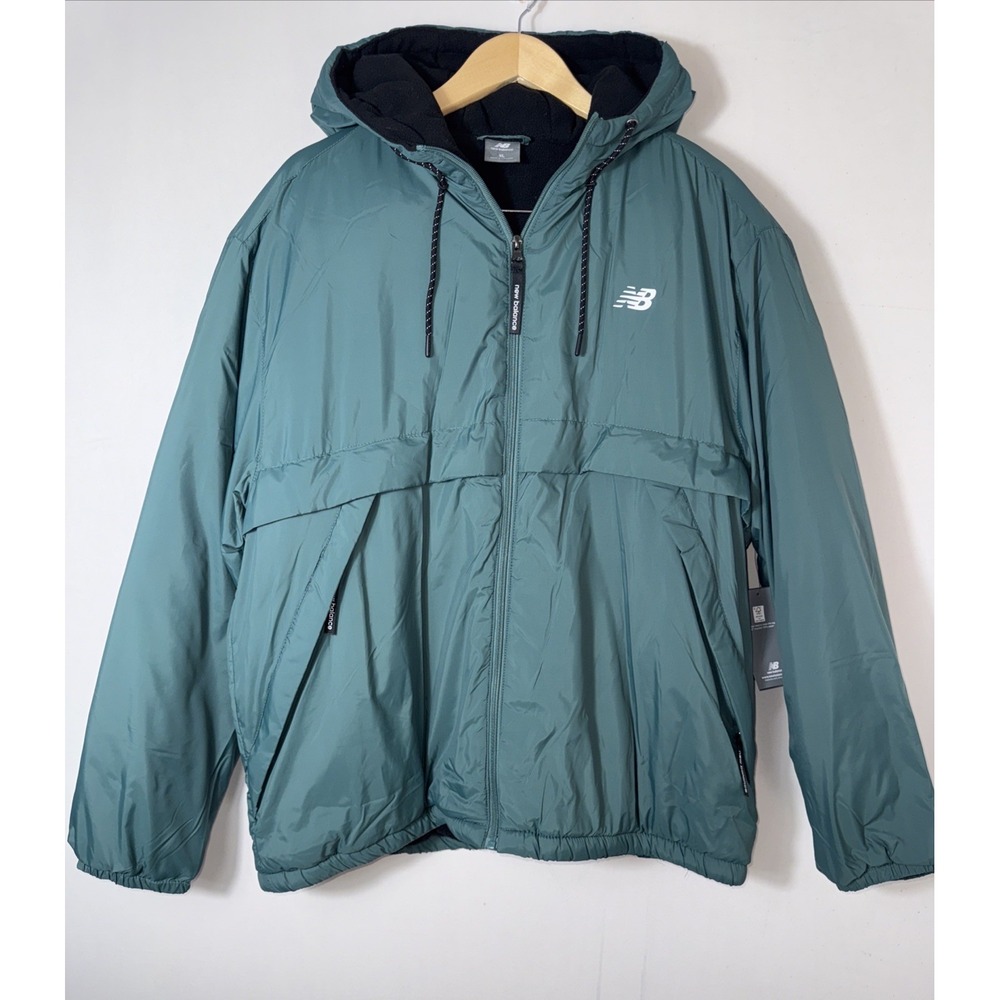 New Balance Hooded Puffer Jacket Men's XL Green Water Wind Resistant Soft-touch